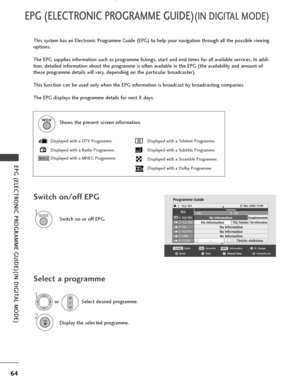 Page 6664
EPG (ELECTRONIC PROGRAMME GUIDE)(IN DIGITAL MODE)
EPG (ELECTRONIC PROGRAMME GUIDE)(IN DIGITAL MODE)
This system has an Electronic Programme Guide (EPG) to help your navigation through all the possible viewing
options.
The EPG supplies information such as programme listings, start and end times for all available services. In addi-
tion, detailed information about the programme is often available in the EPG (the availability and amount of
these programme details will vary, depending on the particular...