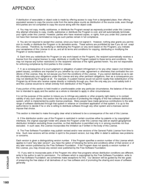 Page 182180
APPENDIX
APPENDIX
If distribution of executable or object code is made by offering access to copy from a designated place, then offering
equivalent access to copy the source code from the same place counts as \
distribution of the source code, even though
third parties are not compelled to copy the source along with the object\
 code.4. You may not copy, modify, sublicense, or distribute the Program except as expressly provided und\
er this License.
Any attempt otherwise to copy, modify, sublicense...