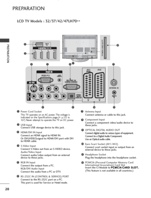 Page 2220
PREPARATION
PREPARATION
LCD TV Models : 32/37/42/47LH70**
Power Cord Socket
This TV operates on an AC power. The voltage is
indicated on the Specifications page.(
G G 
 p.155 to
16 7
) Never attempt to operate the TV on DC power.
USB Input
Connect USB storage device to this jack.
HDMI/DVI IN Input
Connect an HDMI signal to HDMI IN.
Or DVI(VIDEO)signal to HDMI/DVI port with DVI to HDMI cable.
S-Video Input
Connect S-Video out from an S-VIDEO device.
Audio/Video Input
Connect audio/video output from an...