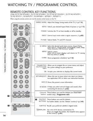 Page 5856
WATCHING TV / PROGRAMME CONTROL
WATCHING TV / PROGRAMME CONTROL
REMOTE CONTROL KEY FUNCTIONS
(Only 32/37/42/47LH40**, 32/37/42/47LH49
**, 32/37/42/47/55LH50
**, 32/37/42/47LH70
**,
32/42/47LF51 **, 50/60PS70
**, 50/60PS80
**, 42PQ65
**, 50PS65
**)
When using the remote control, aim it at the remote control sensor on the TV.
ENERGY SAVING
RATIO
POWER INPUT
TV/RAD Adjust the Energy Saving mode of the TV. (
G
G
 
 p
p.
.1
1 1
16
6)
Selects your desired Aspect Ratio of picture. (
G
G  
 p
p.
.1
1 1
13
3)...