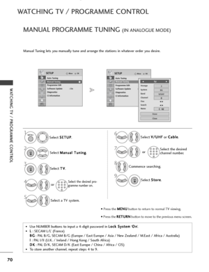 Page 7270
WATCHING TV / PROGRAMME CONTROL
WATCHING TV / PROGRAMME CONTROL
OKMove
Auto Tuning
Manual Tuning
Programme Edit
Software Update : On
Diagnostics
CI Information   
SETUPOKMove
Auto Tuning
Manual Tuning
Programme Edit
Software Update : On
Diagnostics
CI Information   
SETUP
MANUAL PROGRAMME TUNING (IN ANALOGUE MODE)
Manual Tuning lets you manually tune and arrange the stations in whatever order you desire. 
•Use NUMBER buttons to input a 4-digit password in L
L
o
o c
ck
k 
 S
S y
ys
st
te
e m
m
‘O
O
n...