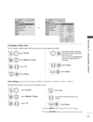 Page 7371
WATCHING TV / PROGRAMME CONTROL
Normally fine tuning is only necessary if reception is poor.
AFine Tuning (Except for 32/37/42/47LH70**, 50/60PS70
**, 50/60PS80
**, 42/50PQ35**, 42PQ65
**, 50PS65
**)
Select T
T
V
V
. Select 
F
F
i
in
n e
e
.
Select 
S
S
E
ET
T U
U P
P
.
Select  M
M
a
an
n u
ua
al
l 
  T
T u
un
n i
in
n g
g
.
Select S
S
t
to
o r
re
e
.6
Fine tune for the best picture and
sound.
1MENU
3 2
OK 
OK 
4
5
OK 
You can assign a station name with five characters to each programme number.
Select...