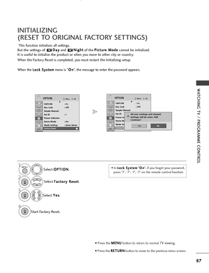 Page 8987
WATCHING TV / PROGRAMME CONTROL
OKMove
SIMPLINK: OnKey Lock: Off
Simple Manual
Set ID : 1
Power Indicator
Demo Mode : On
Mode Setting : Store Demo
Factory Reset
OPTIONOKMove
SIMPLINK : OnKey Lock: Off
Simple Manual
Set ID : 1
Power Indicator
Demo Mode : On
Mode Setting : Store Demo
Factory Reset
OPTION
INITIALIZING 
(RESET TO ORIGINAL FACTORY SETTINGS)
This function initializes all settings. 
But the settings of  D D
a
ay
y
and  N
N
i
ig
g h
h t
t
of the  P
P
i
ic
c t
tu
u r
re
e  
 M
M o
od
de
e...