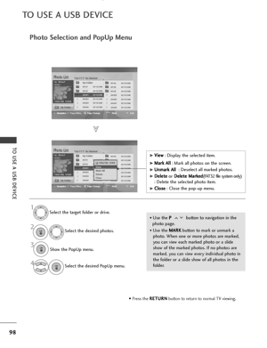 Page 10098
TO USE A USB DEVICE
TO USE A USB DEVICE
Page 2/3No MarkedPhoto List
Up Folder
NavigationPopup MenuPage ChangeMarkExit
1366x768, 125KB
KR101 09/10/2008
KR102 09/10/2008
JMJ001 09/10/2008
JMJ002 09/10/2008
JMJ003 09/10/2008
JMJ004 09/10/2008 KR103 09/10/2008
KR104 09/10/2008
KR105 09/10/2008
JMJ005 09/10/2008
JMJ006 09/10/2008
JMJ007 09/10/2008
JMJ008 09/10/2008Up Folder
Drive1
MARK
JMJ001
Photo Selection and PopUp Menu
Page 2/3No MarkedPhoto List
Up Folder
NavigationPopup MenuPage Change
MarkExit...