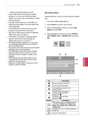 Page 5555
ENGENGLISH
ENTERTAINMENT
cable for an external power source.
 yIf your USB memory device has multiple 
partitions, or if you use a USB multi-card 
reader, you can use up to 4 partitions or USB 
memory devices.
 yIf a USB memory device is connected to a 
USB multi-card reader, its volume data may 
not be detected.
 yIf the USB memory device does not work 
properly, disconnect and reconnect it.
 yHow fast a USB memory device is detected 
differs from device to device.
 yIf the USB is connected in...