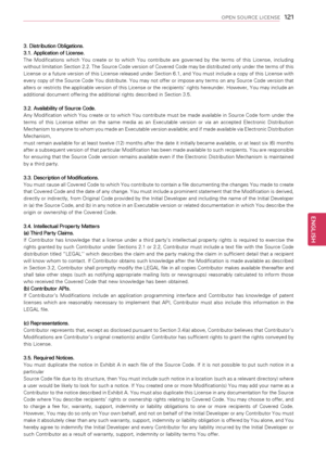 Page 1211\f1
ENGENGLISH
OPEN SOURCE LICENSE
3. Distribution Obligations.
3.1. Application of License. 
The  Modifications  which  You  create  or  to  which  You  contribute  are  governed  by  the  terms  of  this  License,  including 
without limitation Section 2.2. The Source Code version of Covered Code may be distributed only under the terms of this 
License or a future version of this License released under Section 6.1, and You must include a copy of this License with 
every copy of the Source Code You...