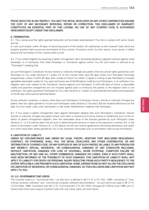 Page 1231\f3
ENGENGLISH
OPEN SOURCE LICENSE
PROVE DEFECTIVE IN ANY RESPECT, YOU (NOT THE INITIAL DEVELOPER OR ANY OTHER CONTRIBUTOR) ASSUME 
THE  COST  OF  ANY  NECESSARY  SERVICING,  REPAIR  OR  CORRECTION.  THIS  DISCLAIMER  OF  WARRANTY 
CONSTITUTES  AN  ESSENTIAL  PART  OF  THIS  LICENSE.  NO  USE  OF  ANY  COVERED  CODE  IS  AUTHORIZED 
HEREUNDER EXCEPT UNDER THIS DISCLAIMER.
8. TERMINATION.
8.1.  This  License  and  the  rights  granted  hereunder  will  terminate  automatically  if  You  fail  to  comply...