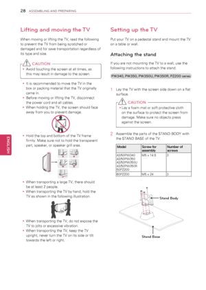 Page 28\f8
ENGENGLISH
ASSEMBLING AND PREPARING
Lifting and moving the TV
When moving or lifting the TV, read the following 
to prevent the TV from being scratched or 
damaged and for save transportation regardless of 
its type and size.
 CAUTION
yyAvoid touching the screen at all times, as 
this may result in damage to the screen. 
yyIt is recommended to move the TV in the 
box or packing material that the TV originally 
came in.
yyBefore moving or lifting the TV, disconnect 
the power cord and all cables....