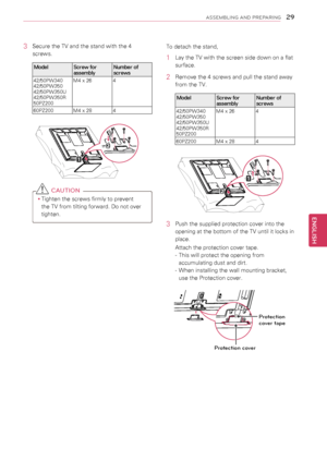 Page 29\f\b
ENGENGLISH
ASSEMBLING AND PREPARING
3 Secure the TV and the stand with the 4 
screws.
ModelScrew for assemblyNumber of screws
42/50PW34042/50PW35042/50PW350U42/50PW350R50PZ200
M4 x 264
60PZ200M4 x 284
 CAUTION
yyTighten the screws firmly to prevent 
the TV from tilting forward. Do not over 
tighten.
To detach the stand,
1  Lay the TV with the screen side down on a flat 
surface.
2 Remove the 4 screws and pull the stand away 
from the TV.
ModelScrew for assemblyNumber of screws...