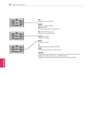 Page 3838
ENGENGLISH
REMOTE CONTROL
VOL 
Adjusts the volume level.
MARK
Selects a menu or option.
FAV (See p.44)
Accesses your favorite channel list.
3D  (For 3D TV)
 (See p.51)
Used for viewing 3D video.
RATIO  (See p.47)
Resizes an image.
MUTE
Mutes all sounds.
CH  
Scrolls through the saved channels.
PAGE
Moves to the previous or next screen.
PORTAL  
Displays the interactive menu, make click on EXIT key if you want to
remove the menu window. (For LV355B series)
Displays and removes hotel interactive menu....