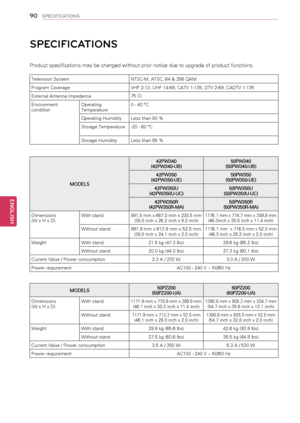 Page 90\b0
ENGENGLISH
SPECIFICATIONS
SPECIFICATIONS
MODELS
42PW340(42PW340-UB)50PW340(50PW340-UB)
42PW350(42PW350-UE)50PW350(50PW350-UE)
42PW350U(42PW350U-UC)50PW350U(50PW350U-UC)
42PW350R(42PW350R-MA)50PW350R(50PW350R-MA)
Dimensions(W x H x D)With stand991.8 mm x 667.0 mm x 230.5 mm(39.0 inch x 26.2 inch x 9.0 inch)1176.1 mm x 774.7 mm x 289.8 mm(46.3inch x 30.5 inch x 11.4 inch)
Without stand991.8 mm x 613.8 mm x 52.5 mm(39.0 inch x 24.1 inch x 2.0 inch)1176.1 mm  x 716.5 mm x 52.5 mm(46.3 inch x 28.2 inch x...