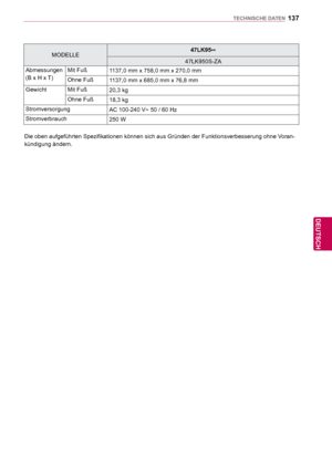 Page 137137
DEU
DEUTSCH
TECHNISCHE DATEN
MODELLE47LK95
**
47LK950S-ZA
Abmessungen
(B x H x T)  Mit Fuß
1137,0 mm x 758,0 mm x 270,0 mm
Ohne Fuß 1137,0 mm x 685,0 mm x 76,8 mm
Gewicht Mit Fuß 20,3 kg
Ohne Fuß 18,3 kg
Stromversorgung AC 100-240 V~ 50 / 60 Hz
Stromverbrauch 250 W
Die oben aufgeführten Spezifikationen können sich aus Gründen d\
er Funktionsverbesserung ohne Voran-
kündigung ändern.
 