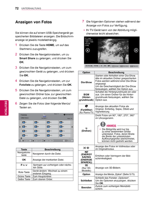 Page 7272
DEU
DEUTSCH
UNTERHALTUNG
  Anzeigen von Fotos
Sie können die auf einem USB-Speichergerät ge-
speicherten Bilddateien anzeigen. Die Bildschirm-
anzeige ist jeweils modellabhängig.
1  Drücken Sie die Taste HOME, um auf das Startmenü zuzugreifen.
2  Drücken Sie die Navigationstasten, um zu Smart Share  zu gelangen, und drücken Sie 
OK.
3  Drücken Sie die Navigationstasten, um zum  gewünschten Gerät zu gelangen, und drücken 
Sie OK. 
4  Drücken Sie die Navigationstasten, um zur Fotoliste  zu gelangen, und...