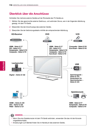 Page 11611 6
DEU
DEUTSCH
HERSTELLEN VON VERBINDUNGEN
  Überblick über die Anschlüsse
Schließen Sie mehrere externe Geräte auf der Rückseite des TV-Geräts an.
1  Wählen Sie das gewünschte externe Gerät aus, und verbinden Sie \
es, wie in der folgenden Abbildung gezeigt, mit dem TV-Gerät.
2  Überprüfen Sie den Anschlusstyp des externen Geräts.
3  Überprüfen Sie die Verbindungsdetails mithilfe der entsprechenden Abbildung.
HDMI – Siehe S.117
DVI – Siehe S.117
Komponente – Siehe S.118
Composite – Siehe S.119
Digital...