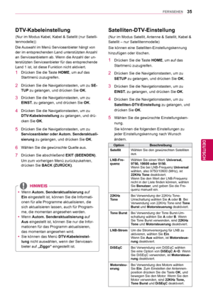 Page 3535
DEU
DEUTSCH
FERNSEHEN
 DTV-Kabeleinstellung
Die Auswahl im Menü Serviceanbieter hängt von 
der im entsprechenden Land unterstützten Anzahl 
an Serviceanbietern ab. Wenn die Anzahl der un-
terstützten Serviceanbieter für das entsprechende 
Land 1 ist, ist diese Funktion nicht aktiviert.
1  Drücken Sie die Taste HOME, um auf das 
Startmenü zuzugreifen.
2  Drücken Sie die Navigationstasten, um zu  SE-
TUP zu gelangen, und drücken Sie  OK. 
3  Drücken Sie die Navigationstasten, um zu 
EINST. zu gelangen,...