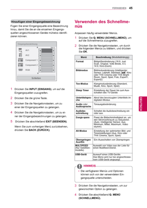 Page 4545
DEU
DEUTSCH
FERNSEHEN
 Verwenden des Schnellme-
nüs
Anpassen häufig verwendeter Menüs.
1 Drücken Sie Q. MENU (SCHNELLMENÜ), um 
auf die Schnellmenüs zuzugreifen.
2  Drücken Sie die Navigationstasten, um durch  die folgenden Menüs zu blättern, und drücken 
Sie OK.
Menü Beschreibung (Modellabhängig)
Format Bildgrößenänderung (16:9, Just 
Scan, Original, Volle Breite, 4:3, 
14:9, Kino-Zoom)
Bildmodus Bildmodusänderung (Intelligenter 
Sensor, Lebhaft, Standard, 
, Kino 
oder THX Cinema oder THX Bright...