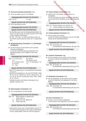 Page 150 Downloaded from www.vandenborre.be
150
NLD
SETUP EXTERN BESTURINGSSYSTEEM
NEDERLANDS
08. Kleur (Commando: k i) 
► De kleur van het scherm aanpassen.
  U kunt de kleur ook aanpassen in het menu BEELD.
Data  Min: 00 tot Max: 64
  * Zie Bestaande datatoewijzing.(Zie pag.153)
Transmissie [k][i][  ][Instellen ID][  ][Data][Cr]
Ack [i][  ][Instellen ID][  ][OK/NG][Data][x]
04. Volume dempen (Commando: k e)
 
► Hiermee kunt u het dempen van het geluid in- en 
uitschakelen.
  U kunt de functie voor geluid...