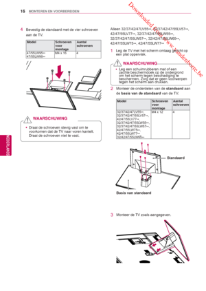 Page 16 Downloaded from www.vandenborre.be
16
NLD
MONTEREN EN VOORBEREIDEN
NEDERLANDS
4  Bevestig de standaard met de vier schroeven aan de TV.
Model Schroeven 
voor 
montage Aantal 
schroeven
47/55LW95 **
47/55LW98 **M4 x 16 4
 y
Draai de schroeven stevig vast om te 
voorkomen dat de 
TV naar voren kantelt. 
Draai de schroeven niet te vast.
WAARSCHUWING
Alleen 32/37/42/47LV55 **, 32/37/42/47/55LV57
**, 
42/47/55LV77 **, 32/37/42/47/55LW55
**, 
32/37/42/47/55L
 W57 **, 32/42/47/55LW65
**, 
42/47/55LW75 **,...