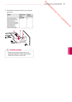 Page 17 Downloaded from www.vandenborre.be
17
NLD
MONTEREN EN VOORBEREIDEN
NEDERLANDS
4  Bevestig de standaard met de vier schroeven aan de TV.
Model Schroeven 
voor 
montage Aantal 
schroeven
32/37/42/47LV55 **,
32/37/42/47/55LV57 **,
42/47/55LV77 **,
32/37/42/47/55LW55 **,
32/37/42/47/55L
 W57**, 
42/47/55LW75 **, 
42/47/55LW77 **,
32/42/47/55LW65 **M4 x 12 4
 y
Draai de schroeven stevig vast om te 
voorkomen dat de 
TV naar voren kantelt. 
Draai de schroeven niet te vast.
WAARSCHUWING
 