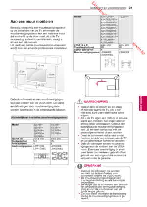 Page 21 Downloaded from www.vandenborre.be
21
NLD
MONTEREN EN VOORBEREIDEN
NEDERLANDS
 yKoppel eerst de stroom los en plaats 
of monteer daarna de 
TV. Als u dat 
niet doet, kunt u een elektrische schok 
krijgen.
 y Als u de TV tegen een plafond of schuine 
wand aan monteert, kan deze vallen en 
ernstig letsel veroorzaken. Gebruik een 
goedgekeurde muurbevestigings steun 
van LG en neem contact op met uw 
plaatselijke winkelier of een vakman.
 y  Draai de schroeven niet te vast omdat 
hierdoor schade kan...