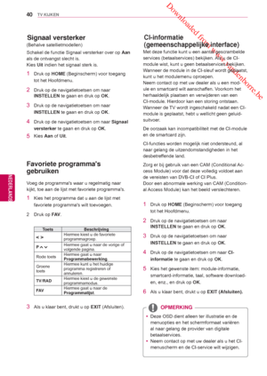 Page 40 Downloaded from www.vandenborre.be
40
NLD
TV KIJKEN
NEDERLANDS
 Favoriete programmas 
gebruiken
Voeg de programmas waar u regelmatig naar 
kijkt, toe aan de lijst met favoriete programmas.
1 Kies het programma dat u aan de lijst met 
favoriete programmas wilt toevoegen.
2 Druk op  FAV.
Toets BeschrijvingHiermee kiest u de favoriete 
programmagroep.
P 
Hiermee gaat u naar de vorige of 
volgende pagina.
Rode toets Hiermee gaat u naar 
Programmabewerking. 
Groene 
toets Hiermee kunt u het
 huidige...