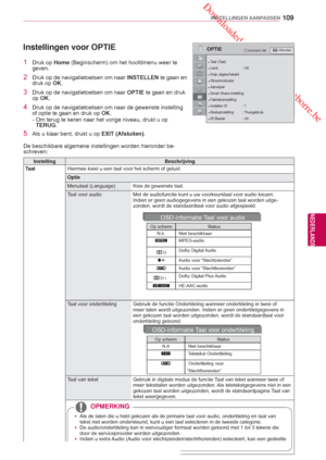 Page 109 Downloaded from www.vandenborre.be
109
NLD
INSTELLINGEN AANPASSEN
NEDERLANDS
  Instellingen voor OPTIE
1 Druk op Home (Beginscherm) om het hoofdmenu  weer te 
geven.
2  Druk op de navigatietoetsen om naar  INSTELLEN te gaan en 
druk op OK.
3  Druk op de navigatietoetsen om naar  OPTIE te gaan en druk 
op OK.
4  Druk op de navigatietoetsen om naar de gewenste instelling  of optie te gaan en druk op  OK.
- Om terug te keren naar het vorige niveau, drukt u op  TERUG.
5  Als u klaar bent, drukt u op EXIT...