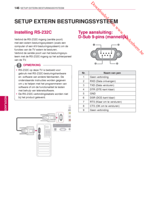 Page 146 Downloaded from www.vandenborre.be
146
NLD
SETUP EXTERN BESTURINGSSYSTEEM
NEDERLANDS
 SETUP EXTERN BESTURINGSSYSTEEM
Instelling RS-232C
Verbind de RS-232C-ingang (seriële poort) 
met een extern besturingssysteem (zoals een 
computer of een A/V-besturingssysteem) om de 
functies van de TV extern te besturen.
Verbind de seriële poort van het besturingssys-
teem met de RS-232C-ingang op het achterpaneel 
van de TV. 
Type aansluiting: 
D-Sub 9-pins (mannelijk)
156 9
Nr. Naam van pen
1 Geen verbinding
2 RXD...