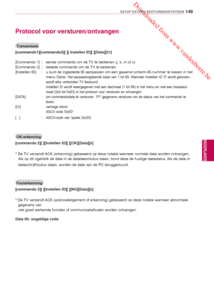 Page 149 Downloaded from www.vandenborre.be
149
NLD
SETUP EXTERN BESTURINGSSYSTEEM
NEDERLANDS
Protocol voor versturen/ontvangen
Transmissie
[commando1][commando2][ ][ Instellen ID][ ][Data][Cr]
[Commando 1]  :  eerste commando om de TV te bedienen (j, k, m of x)
[Commando 2]  :  tweede commando om de TV te bedienen.
[Instellen ID]  :   u kunt de ingestelde ID aanpassen om een gewenst scherm-ID-nummer te kie\
zen in het  menu Optie. 
Het aanpassingsbereik loopt van 1 tot 99.   Wanneer Instellen ID 0 wordt...