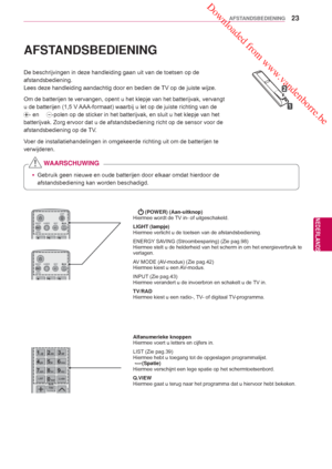 Page 23 Downloaded from www.vandenborre.be
23
NLD
AFSTANDSBEDIENING
NEDERLANDS
AFSTANDSBEDIENING
De beschrijvingen in deze handleiding gaan uit van de toetsen op de 
afstandsbediening .
Lees deze handleiding aandachtig door en bedien de 
 TV op de juiste wijze.
Om de batterijen te vervangen, opent u het klepje van het batterijvak, v\
ervangt 
u de batterijen (1,5 V AAA-formaat) waarbij u let op de juiste richting van de  
- en  -polen op de sticker in het batterijvak, en sluit u het klepje van het 
batterijvak....