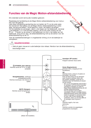 Page 26 Downloaded from www.vandenborre.be
26
NLD
AFSTANDSBEDIENING
NEDERLANDS
Dit onderdeel wordt niet bij alle modellen geleverd.
Raadpleeg de handleiding bij de Magic Motion-afstandsbediening voor inst\
ruc-
ties over het gebruik.
Lees deze handleiding aandachtig door en bedien de TV op de juiste wijze.
Als het bericht De batterij van de Magic Motion-afstandsbediening is bi\
jna 
leeg. V

ervang de batterij. wordt getoond, moet u de batterij vervangen. 
Om de batterijen te vervangen, opent u het klepje van...