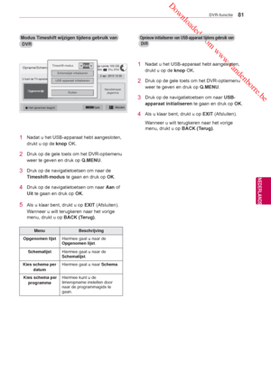 Page 81 Downloaded from www.vandenborre.be
81
NLD
DVR-functie
NEDERLANDS
Opnieuw initialiseren van USB-apparaat tijdens gebruik van
 DVR
1 Nadat u het USB-apparaat hebt aangesloten, 
drukt u op de knop OK.
2 Druk op de gele toets om het DVR-optiemenu 
weer te geven en druk op  Q.MENU.
3  Druk op de navigatietoetsen om naar  USB-
apparaat initialiseren te gaan en druk op  OK.
4  Als u klaar bent, drukt u op EXIT (Afsluiten).
Wanneer u wilt terugkeren naar het vorige 
menu, drukt u op BACK (Terug).
1 Nadat u het...