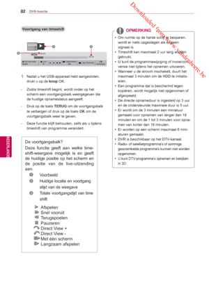 Page 82 Downloaded from www.vandenborre.be
82
NLD
DVR-functie
NEDERLANDS
Voortgang van timeshift
De voortgangsbalk?
Deze functie geeft aan welke  time-
shift-weergave mogelijk is en geeft 
de huidige positie op het scherm en 
de positie van de live-uitzending

 
aan.
 1  Voorbeeld 
 
2  Huidige locatie en voortgang
            stijd van de weegave
 
3  Totale voortgangstijd van time
            shift
1  Nadat u het USB-apparaat hebt aangesloten, 
drukt u op de knop OK.
-   Zodra timeshift begint, wordt onder op...