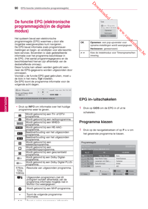 Page 90 Downloaded from www.vandenborre.be
NEDERLANDS
90
NLD
EPG-functie (elektronische programmagids)
NEDERLANDS
 De functie EPG (elektronische 
programmagids)(in de digitale 
modus)
Het systeem bevat een elektronische 
programmagids (EPG) waarmee u door alle 
mogelijke weergaveopties kunt navigeren.
De EPG bevat informatie zoals  programmaver-
meldingen en begin- en eindtijden voor alle beschik-
bare services. Bovendien is vaak gedetailleerde 
informatie over het  programma beschikbaar in 
de EPG. (Het aantal...