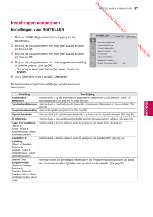 Page 97 Downloaded from www.vandenborre.be
97
NLD
INSTELLINGEN AANPASSEN
NEDERLANDS
Instellingen aanpassen
 Instellingen voor INSTELLEN
1 Druk op HOME (Beginscherm) voor toegang tot het 
Hoofdmenu .
2  Druk op de navigatietoetsen om naar  INSTELLEN te gaan 
en druk op OK. 
3  Druk op de navigatietoetsen om naar  INSTELLEN te gaan 
en druk op OK.
4  Druk op de navigatietoetsen om naar de gewenste instelling  of optie te gaan en druk op  OK.
- Om terug te keren naar het vorige niveau, drukt u op  TERUG.
5  Als u...