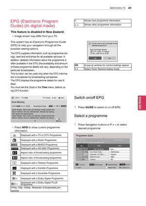 Page 4141
ENGENGLISH
WATCHING TV
EPG (Electronic Program 
Guide) (In digital mode)
DTV 1  TV ONE
Good Morning
21:00          00:00Show/Game Show
►Watch
► Next
Pr. Change►
16:9HE-AAC720p...
▼Up
Down
Sarah  Bradley,  Steve  Gray  and  Brendon  Pongia  present  the 
latest in fashion, the arts, entertainment, lifestyle and cooking, 
with regular and special guests.
Sarah  Bradley,  Steve  Gray  and  Brendon  Pongia  present  the 
latest in fashion, the arts, entertainment, lifestyle and cooking, 
with regular and...