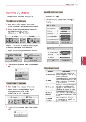 Page 5353
ENGENGLISH
3D IMAGING
Using 3D quick menu option
1 Press 3D SETTING.
2 Use the following options wh ile viewing 3D 
imaging. 
3D Setting
OK End 3D video
3D Picture Size                        ◀Just Scan ▶
3D Depth            15              ◀▶
3D Viewpoint             0◀▶
3D Picture Balance◀Off▶
3D Picture Correction◀Left/Right▶
or
3D Setting
OK End 3D video
3D Picture Correction◀Left/Right▶
3D Depth            15              ◀                        ▶
3D Viewpoint            0◀▶
Button Description...