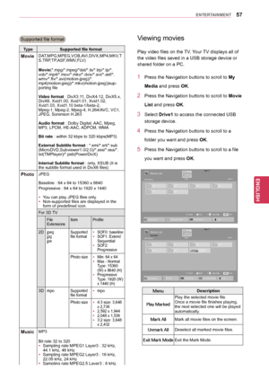 Page 5757
ENGENGLISH
ENTERTAINMENT
Viewing movies
Play video files on the TV. Your TV displays all of
the video files saved in a USB storage device or
shared folder on a PC.
1 Press the Navigation buttons to scroll to My 
Media and press OK.
2 Press the Navigation buttons  to scroll to Movie 
List and press OK.
3 Select  Drive1 to access the connected USB 
storage device.
4 Press the Navigation buttons  to scroll to a 
folder you want and press  OK.
5 Press the Navigation buttons  to scroll to a file 
you want...