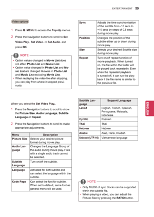 Page 5959
ENGENGLISH
ENTERTAINMENT
SyncAdjusts the time synchronisation 
of the subtitle from -10 secs to 
+10 secs by steps of 0.5 secs 
during movie play.
Position Changes the position of the
subtitle either up or down during 
movie play.
Size Selects your desired Subtitle size
during movie play.
Repeat Turn on/off repeat function of
movie playback. When turned 
on, the file within the folder will 
be played back repeatedly. Even 
when the repeated playback
is turned off, it can run the play-
back if the file...