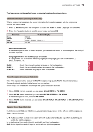Page 7575
ENGENGLISH
CUSTOMIZING SETTINGS
Stereo/Dual Reception (In Analogue Mode Only)
When a programme is selected, the sound information for the station appears with the programme
number and station name.
1 Press  Q. MENU and press the Navigation to access the Audio or Audio Language  and press OK.
2 Press  the Navigation button to scroll to sound output and press OK.
This feature may not be applied based on country broadcasting circumstance.
Broadcast
On Screen Display
Mono
Stereo
Dual MONO
STEREO
DUAL I ,...