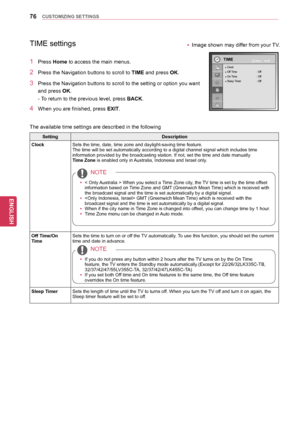 Page 7676
ENGENGLISH
CUSTOMIZING SETTINGS
TIME settings
1 Press Home to access the main menus.
2 Press the Navigation buttons  to scroll to TIME and press OK.
3 Press the Navigation buttons to scroll to the setting or option you want 
and press OK.
-
 
T
 o return to the previous level, press BACK .
4 When you are finished, press EXIT. 
The available time settings are described in the following
TIMEOK
Move
● Clock● Off Time :  Off● On Time : Off● Sleep Timer : Off 
Setting Description
Clock   Sets the time,...