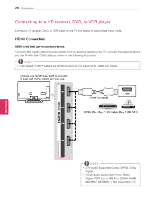 Page 2828
ENGENGLISH
Connections
Connecting to a HD receiver, DVD, or VCR player
Connect	a	HD	receiver,	DVD,	or	VCR	player	to	the	TV	and	select	an	appropriate	input	mode.
HDMI Connection
HDMI is the best way to connect a device.
Transmits	the 	digital 	video 	and 	audio 	signals 	from 	an 	external 	device 	to 	the 	TV. 	Connect 	the 	external 	device	
and	the	TV	with	the	HDMI	cable	as	shown	in	the	following	illustration.
HDMI
 2  3
 1  4 
/ DVI INDVD/ Blu-Ray / HD Cabl\Te Bo
x / HD STB
C\foose any HDM\b...