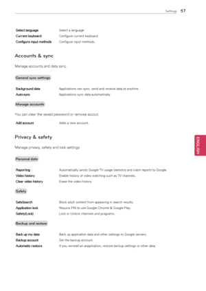 Page 575\f
ENGENGLISH
Settings
Select languageSelect	a	language
Current keyboard Configure	current	keyboard
Configure input methods Configure	input	methods.
Accounts & sync
Manage	accounts	and	data	sync.
General sync settings
Background data Applications	can	sync,	send	and	receive	data	at	anytime.
Auto-sync Applications	sync	data	automatically.
Manage accounts
You	can	clear	the	saved	password	or	remove	accout.
Add account Adds	a	new	account.
Privacy & safety
Manage	privacy,	safety	and	lock	settings.
Personal...