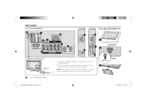 Page 12LG T V
 | Manual de Instruções
12INICIANDO
22LE5300 26LE5300
TV LCD (22/26LE5300)
H/P USB ININ 3
H/P USB IN
1
10
10
9
9
ANTENNA
IN DC-IN
CABLE IN
RGB IN (PC)
AUDIO IN
RGB/DVI (DVI)
OPTICAL 
DIGITALAUDIO OUT
/DVI IN
VIDEO
AUDIO
L(MONO)
R
VIDEOAUDIOYP
B
PR
L
R
COMPONENT INAV IN
RS-232C IN(CONTROL&SERVICE)
1
2
13
1
7
2
4
6
5
3
Fixar Base (PLASMA TV)
BASE SUPORTE
M5 x 14
123
Conex