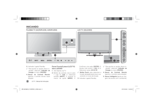 Page 8LG T V
 | Manual de Instruções
83. Indicador Ligado/Standby. .Para ajustar as opções desse in-
dicador selecione Indicador de 
Energia no menu OPÇÕES.
4. Sensor do Controle Remoto 
(aponte o controle remoto nesta 
direção).
Painel Frontal/Lateral (LCD TV)
Série LE53001. Alto falantes da TV.
2. Botões de controle. Use-os para: 
1. Liga TV (
); 2. Selecionar 
entrada (INPUT); 3. Acessar os 
menus de ajuste (MENU); 4. Conﬁ rmar uma ação (ENTER); 5. 
Ajustar nível sonoro (- VOL +); 6. 
Selecionar canais (...