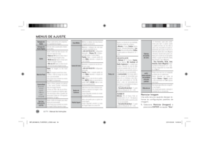 Page 34LG T V
 | Manual de Instruções
34MENUS DE AJUSTERedução de 
RuídoReduz o ruído de tela, sem comprome-
ter a qualidade da imagem.
Redução de 
Ruído DigitalRemove ruídos causados pela compres-
são de vídeo.
GamaAjusta o brilho das áreas escuras e de 
meio tom (níveis de cinza). 
• Baixo ou 1.9: Ajusta as áreas claras e 
de meio tom para imagens claras.
• Médio ou 2.2: Ajuste a função para 
manter as imagens originais.
• Alto ou 2.4: Ajusta as áreas escuras 
e de meio tom para imagens escuras.
Nível de...