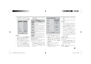 Page 3737
Use 
 para selecionar o ajuste 
disponível no modo selecionado, 
para modiﬁ cá-los pressione 
.
NOTAS:
 .
Somente no modo Manual os 
ajustes de Ano, Mês, Dia, Hora e 
Minuto estarão disponíveis. .No modo Manual, ao desligar a 
TV removendo o cabo de força, 
os ajustes serão cancelados. .Para o modo Automático sele-
cione um dos "Fuso" disponíveis 
de acordo com sua região, se ne-
cessário, ajuste também o Horá-rio de Verão. Abaixo a tabela de 
Fuso horário:
Fuso Horário
Região...