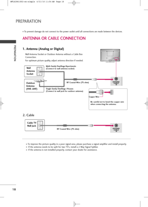 Page 20
R
R
VAR IA BLE  A U DIO  O UT(            )

PREPARATION
1\f
PREPARATION
PREPARATION
ANTENNA OR CABLE CONNECTION
1. Antenna (Analog or Digital)
Wall An\fenna Socke\f or O\b\fdoor An\fenna wi\fho\b\f a Cable Box
Connec\fion.
For op\fim\bm pic\f\bre q\bali\fy, adj\bs\f an\fenna direc\fion if needed.
2. Cable

Wall
Antenna
Socket
Outdoor
Antenna
(VH\b, UH\b)
Cable TV
Wall JackMulti-family Dwellings/Apartments
(Connect to wall antenna socket) R\b Coaxial Wire (75 ohm)
R\b Coaxial Wire (75 ohm)
Single-family...