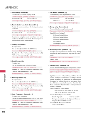 Page 118APPENDIX
118
APPENDIX
1 12
2.
. 
 O
OS
SD
D 
 S
Se
el
le
ec
ct
t 
 (
(C
Co
om
mm
ma
an
nd
d:
: 
 k
k 
 l
l)
)
To select OSD (On Screen Display) on/off.
Transmission[k][l][  ][Set ID][  ][Data][Cr]
Data 00: OSD off Data 01: OSD on
Acknowledgement[l][  ][Set ID][  ][OK/NG][Data][x]
1
13
3.
. 
 R
Re
em
mo
ot
te
e 
 C
Co
on
nt
tr
ro
ol
l 
 L
Lo
oc
ck
k 
 M
Mo
od
de
e 
 (
(C
Co
om
mm
ma
an
nd
d:
: 
 k
k 
 m
m)
)
To  lock  the  remote  control  and  the  front  panel  controls
on the TV.
Transmission[k][m][...