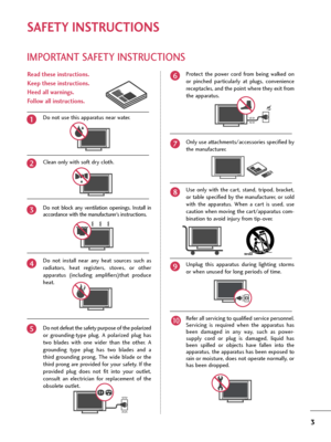 Page 33
IMPORTANT SAFETY INSTRUCTIONS
SAFETY INSTRUCTIONS
Read these instructions.
Keep these instructions.
Heed all warnings.
Follow all instructions.
Do not use this apparatus near water.
Clean only with soft dry cloth.
Do  not  block  any  ventilation  openings.  Install  in
accordance with the manufacturer’s instructions.
Do  not  install  near  any  heat  sources  such  as
radiators,  heat  registers,  stoves,  or  other
apparatus  (including  amplifiers)that  produce
heat.
Do not defeat the safety...