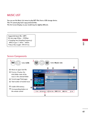 Page 61MUSIC LIST
USB
61
You can use the Music List menu to play MP3 files from a USB storage device. 
This TV cannot play back copy-protected files. 
The On Screen Display on your model may be slightly different.
Screen Components
Supported music file: 
*.MP3
Bit rate range 8Kbps ~320Kbps
• Sampling rate (Sampling Frequency)
MPEG1Layer 3 : 8KHz~48KHz
• Music Max Length : 999.59 Sec.
Moves to upper level file
Preview: Display the
title/folder name of the
music in the selected folder
Current page/Total pages...